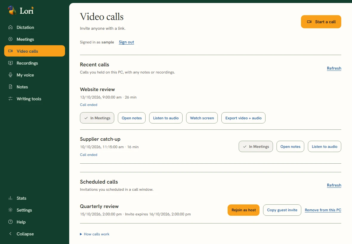 Lori Video calls interface