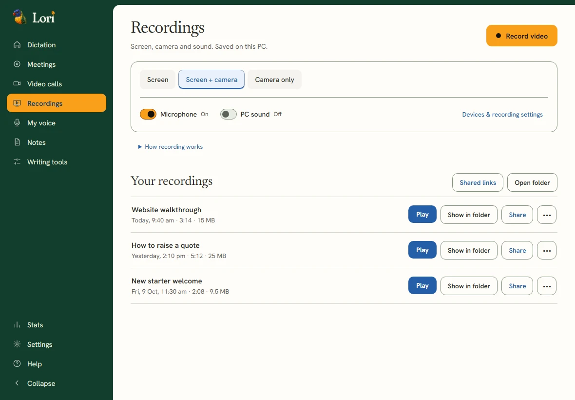 Lori Recordings interface