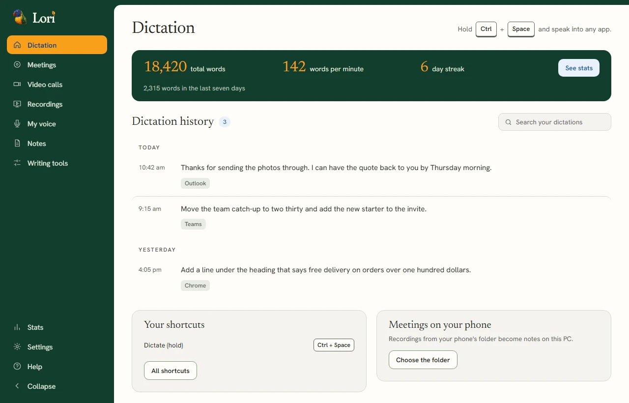 Lori dictation interface